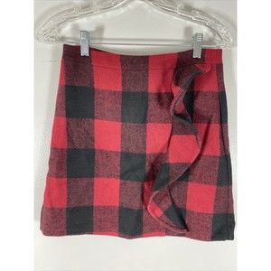 J Crew 00 26” Red Black Buffalo Plaid Mini Skirt Ruffle Wool Lined A Line
